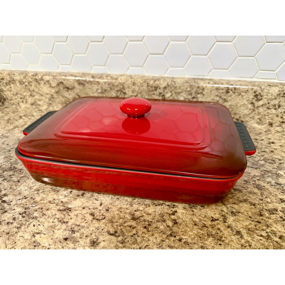 Parini Red Ceramic Bakeware Casserole Dish with Lid Rectangular 12x9